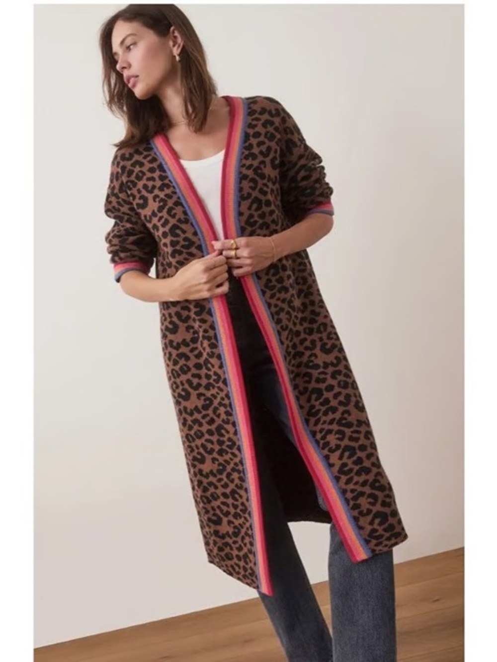Marine Layer Martha Sweater- Leopard Print Open Cardigan with Rainbow Trim. Xs/S
